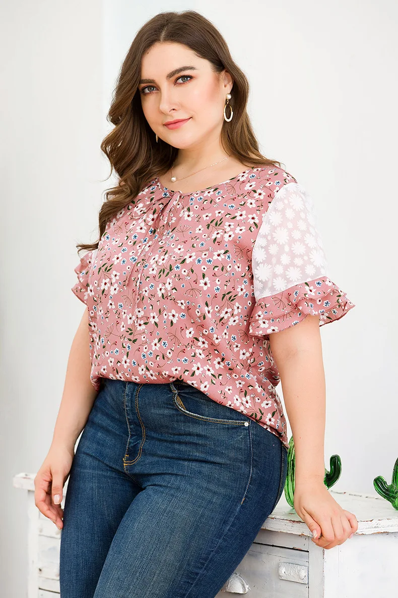 Плюс размер шифоновая блузка рубашка женская летняя с круглым вырезом короткий рукав цветочный принт женские топы сетка пэчворк Туника блузка Рубашки