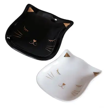 

2pcs in 1 Suit Whiteware Jewelry Plate Cartoon Cat Pattern Plate Dish Dried Fruit Tray Snack Food Storage Plate for Party Home