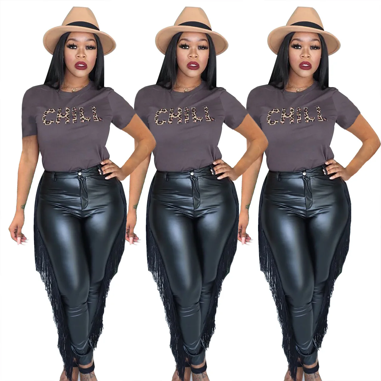 Casual PU Leather Tassel Pants Slinky Pencil Pants Elasticity High Waist Pants Streetwear Trousers Plus Size Women