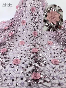 

ANNA Newest 3D Applique African Lace Fabric With Sequins High Quality French Tulle Lace Fabric 5 Yards With Beads For Wedding