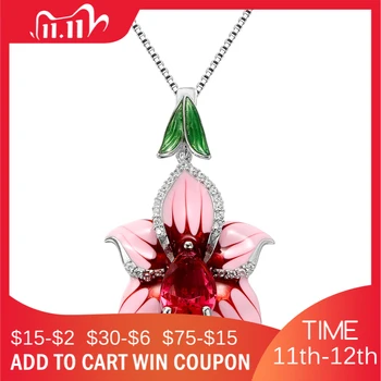 

Authentic 925 Sterling Silver charms Pink petals and big red CZ flower Enamel Necklace For Women Fashion Pendant Party Jewelry