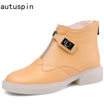 

autuspin Winter Boots for Women Casual Warm Shoes Fashion Genuine Leather Round Toe Ankle Boots Lady Office Work Basic Botas