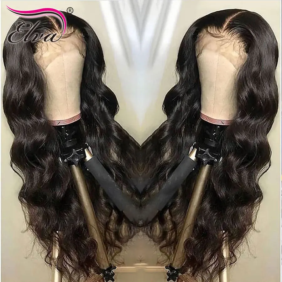 Cena 360 koronkowe peruki z ludzkich włosów wstępnie oskubane 360 przednie peruki dla czarnych kobiet z dzieckiem włosy Elva Remy włosy ciało falista perka na siateczce