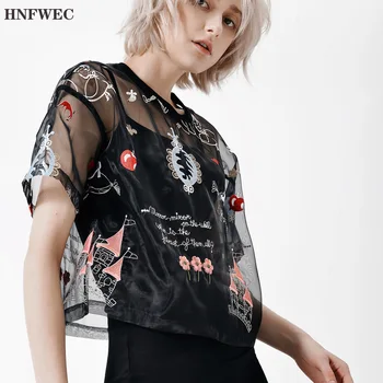 

Summer New 2020 Mesh T Shirts Women Short Sleeve Embroidery Wild Ladies T Shirts Round Collar Fashion Women Tops V701