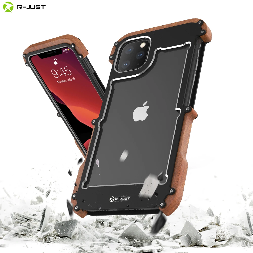 

R-just for iPhone Xs Max XR 6s 7 8 Plus Iron Wood Metal Case for iPhone 11 Pro Max 2019 Shockproof Bumper Frame Cover Case