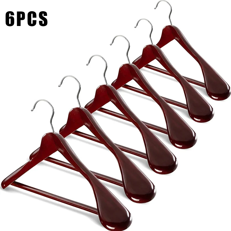 

New 6 Pcs Wide Shoulder Wooden Hangers with Non Slip Pants Bar for Coat Clothes Dress Suit NE