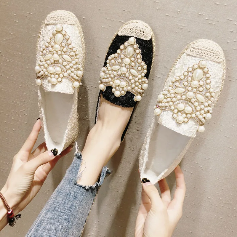 

Moccosins Women's 2019 Spring Korean-style Versatile Man-made Diamond Beaded Bracelet Flat Fisherman Shoes Gauze Punched Sheet R