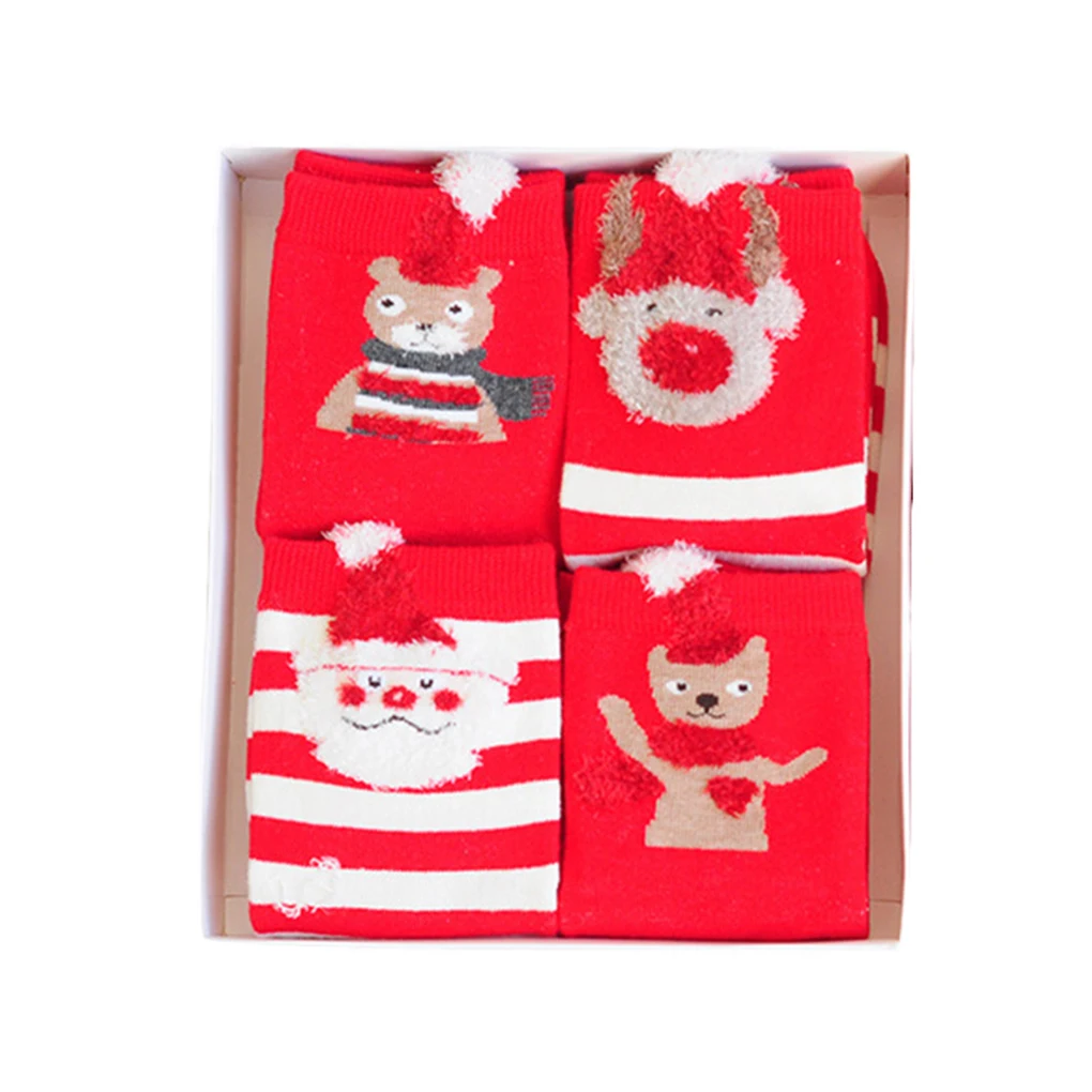 4 Pairs Cute Children Cartoon Printed Animal Socks Breathable Kids Mid Calf High Socks Christmas New Year Gift