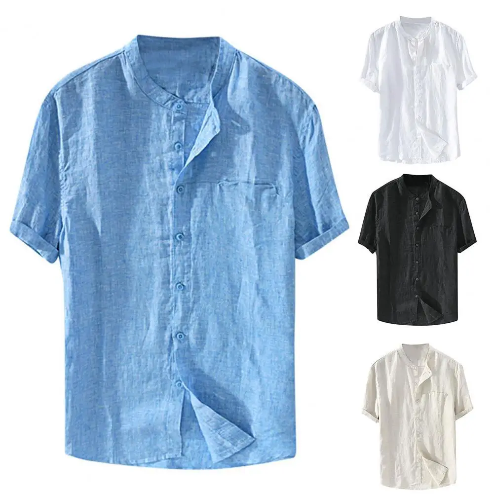 Men Shirt Solid Color Stand Collar Summer Loose Single-breasted Top for School