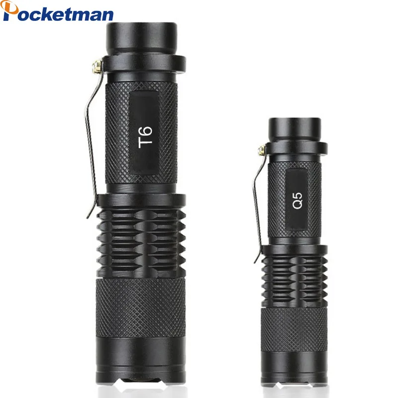Portable 7W 2000LM Q5/T6 Aluminum Waterproof 3/5 Modes Zoomable Led Flashlight Torch Tactical light AA 14500 Black