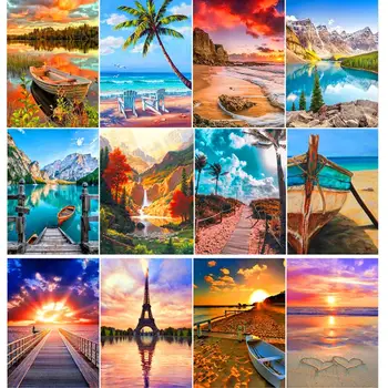 

Full Diamond Scenery Diamond Embroidery Kit 5D DIY Diamond Painting Lake Sunshine Boat Landscape Mosaic Home Decoration