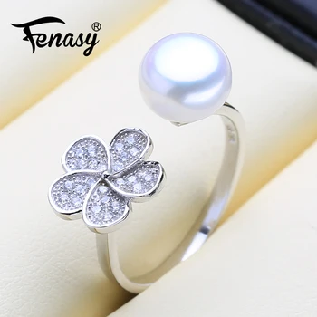 

FENASY 925 Sterling Silver Rings For Women Trendy Adjustable Size Shining Flower Natural Freshwater Pearl Rings
