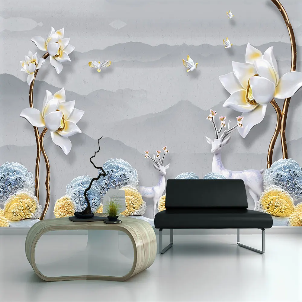 Украшение текстильные обои современный минималистичный рельефный Пион цветок Лось дерево для туши пейзаж фоновая стена