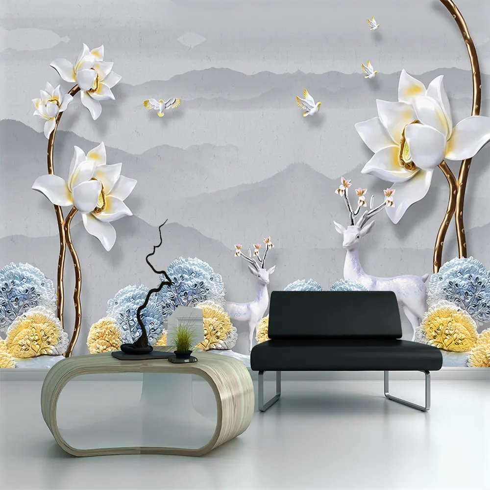 

Decoration Textile wallpaper Modern minimalist embossed peony flower elk tree ink landscape background wall