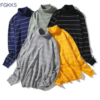 

FGKKS Winter Brand Men Turtleneck Sweaters Tops Men's Fashion Warm Base Pullover Sweater Slim Fit Striped Sweater Male