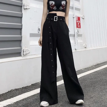 

2020 Korean Street Fashion Women Bell Bottom Pants belt High Waist Wide Leg Pants Casual Loose Belt Black Flares Trousers KZ39