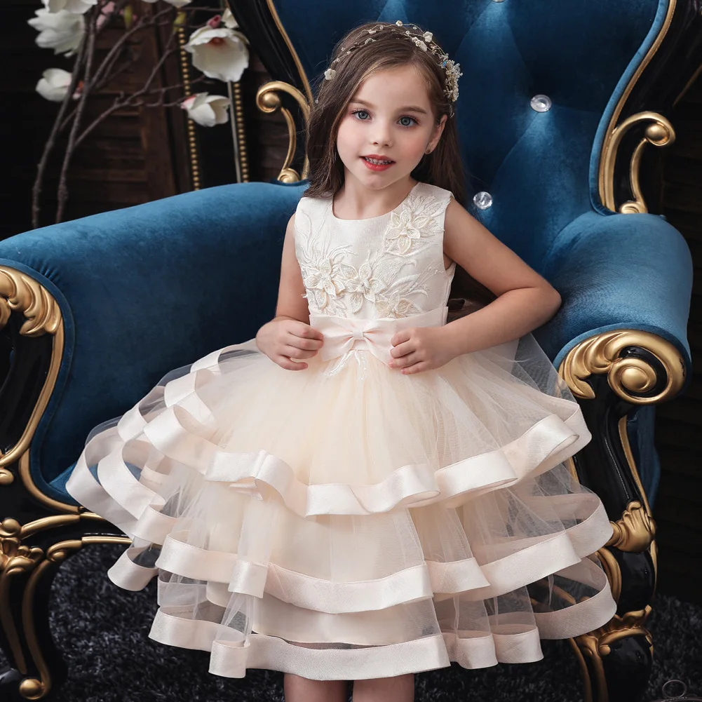 Embroidered Flower girls dress sleeveless layered tutu elegant girls