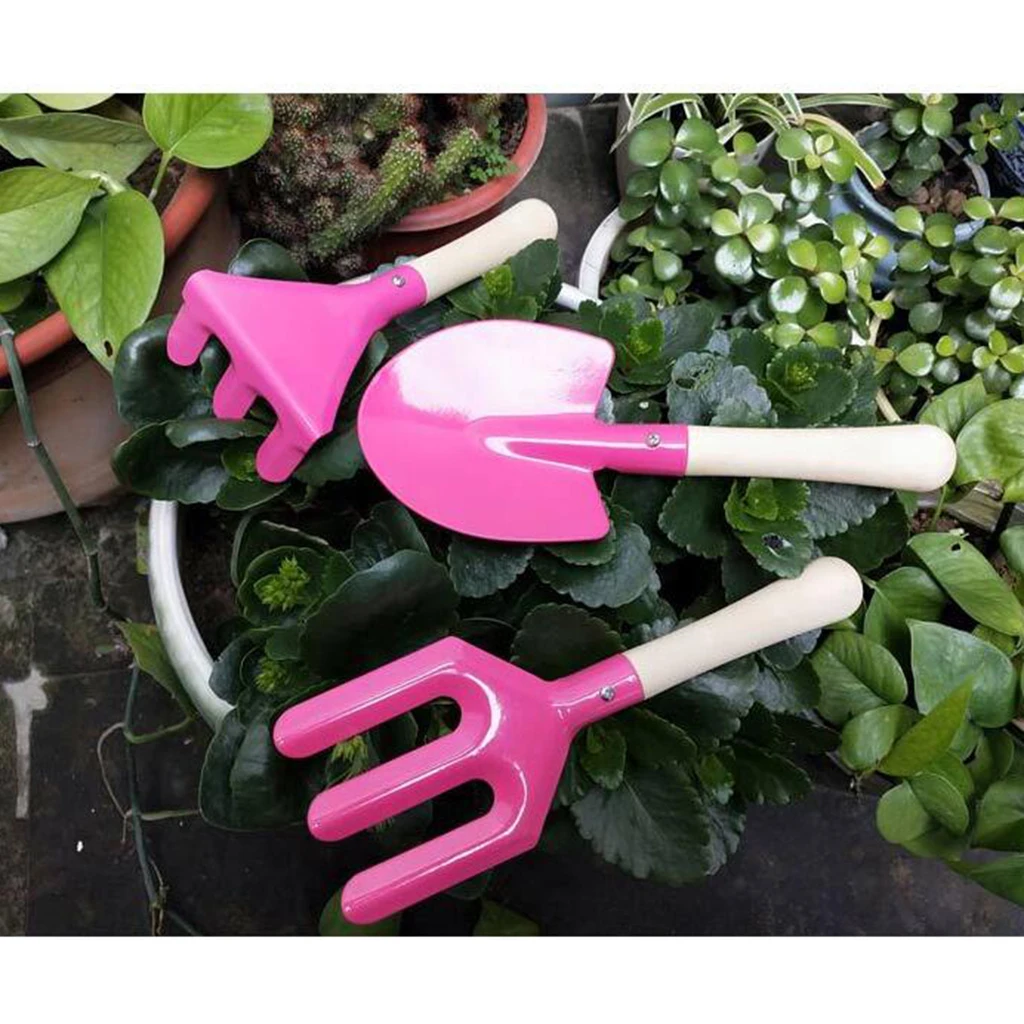 3pcs Mini Metal Rake Shovel Fork Set Garden Tool for Kids Children Beach Sandbox Toy Safe Gardening Equipment
