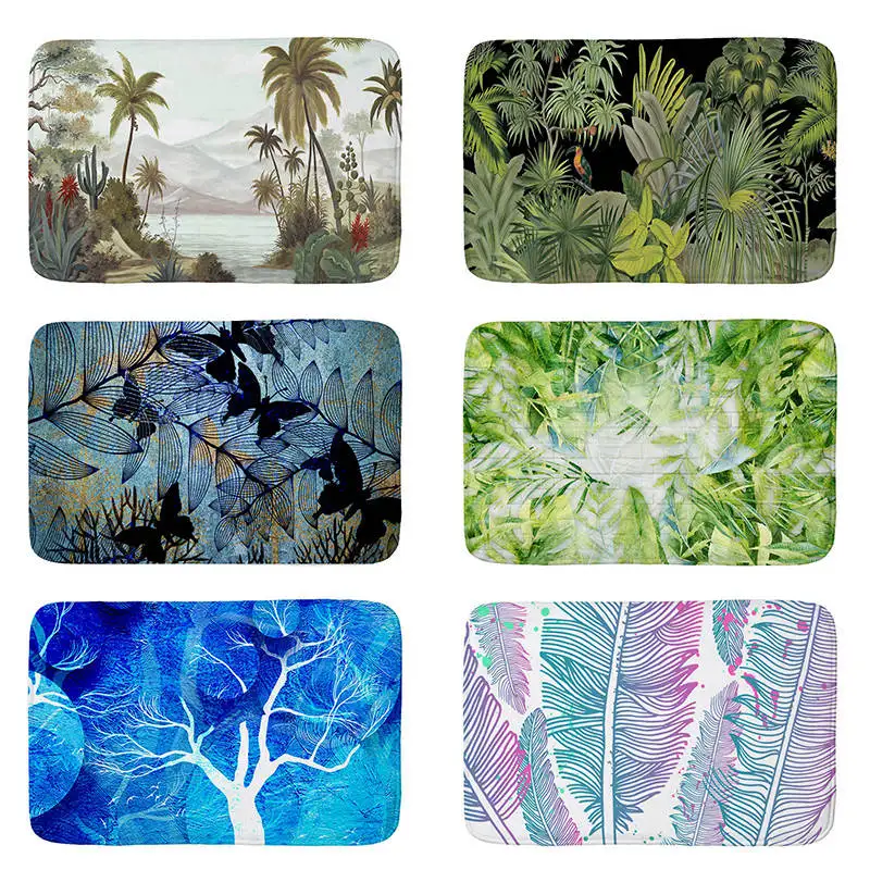 

Tropical green leaves print Flannel Floor Mat Anti-Slip Tapete Floor Mats Rugs for Kitchen Doormat welcome mats for front door
