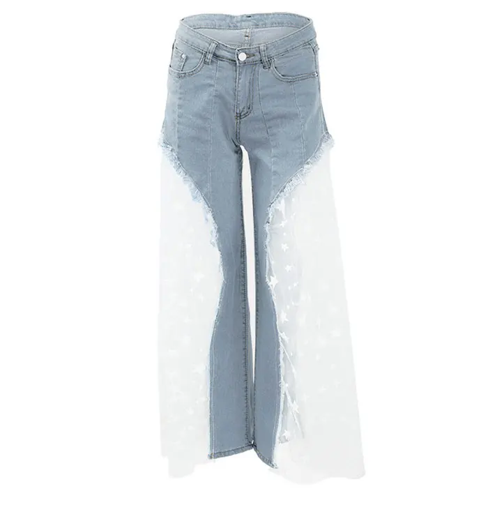 Сексуальные женские широкие штаны, прозрачные сетчатые джинсовые штаны с принтом звезды, повседневные свободные штаны с высокой талией, модные вечерние джинсы