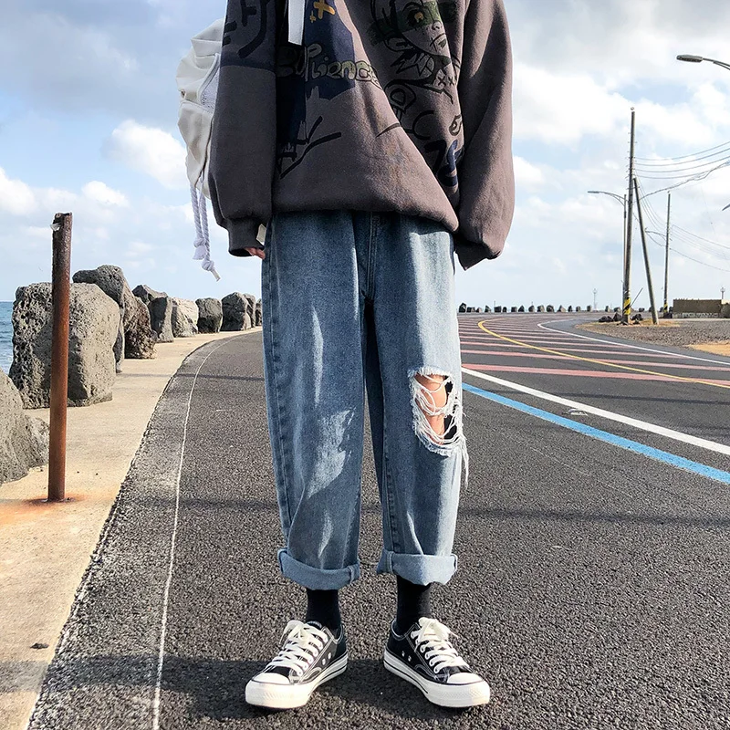 

Drawstring Ripped Jeans Men's Fashion Retro Casual Hole Jeans Pants Men Streetwear Loose Hip Hop Straight Denim Trousers Mens