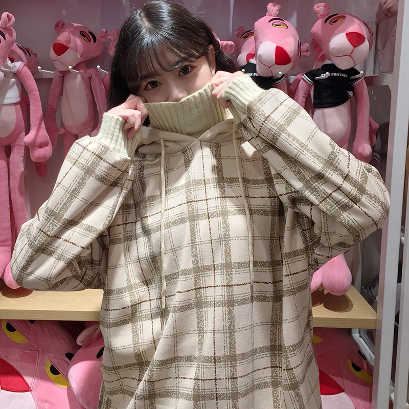 Harajuku флисовые толстовки с капюшоном больших размеров, Женские клетчатые толстовки с высоким воротом, Женские повседневные пуловеры с длинным рукавом, одежда, толстовка
