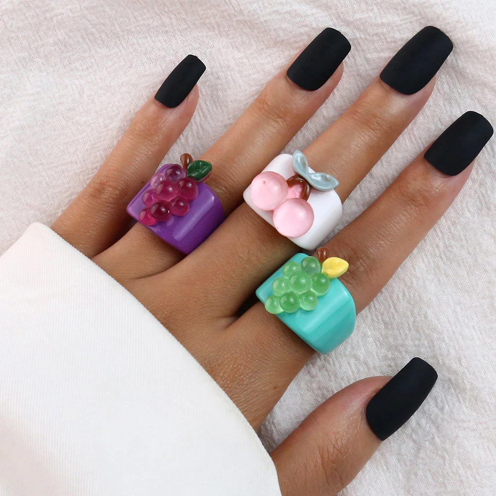 Cartoon Fruit Ring Women Fashion Korean Cute Animal Resin Acrylic Ring Set Christmas Birthday Party Gift Jewelry for Female Girl