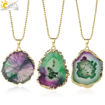 

CSJA Colorful Crystal Pendants Irregular Flat Natural Stone Gold-color Bezel Pendant Necklaces for Women Men Trendy Jewelry G413