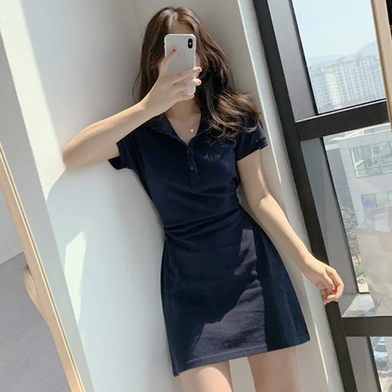Neploe Dress Women Solid Turn Down Collar Short Sleeve Ladies Vestidos Summer 2020 New Elegant Slim Waist Bodycon Dresses 1A1421