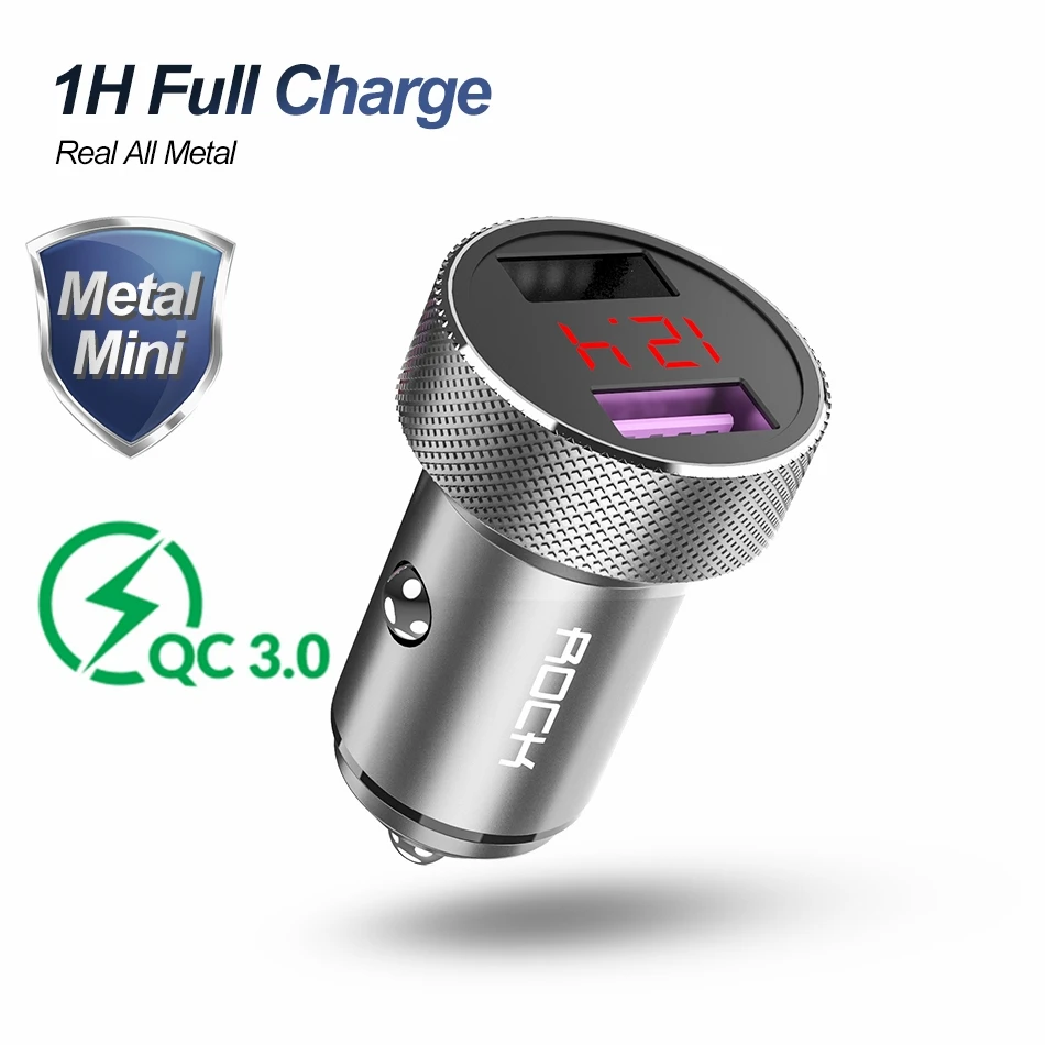 ROCK QC3.0, металлическое автомобильное зарядное устройство с двумя USB, цифровой дисплей для iPhone 11X8 XS MAX 7, Xiaomi, samsung, быстрая зарядка, мониторинг напряжения - Тип штекера: Silver QC3.0with2.4A