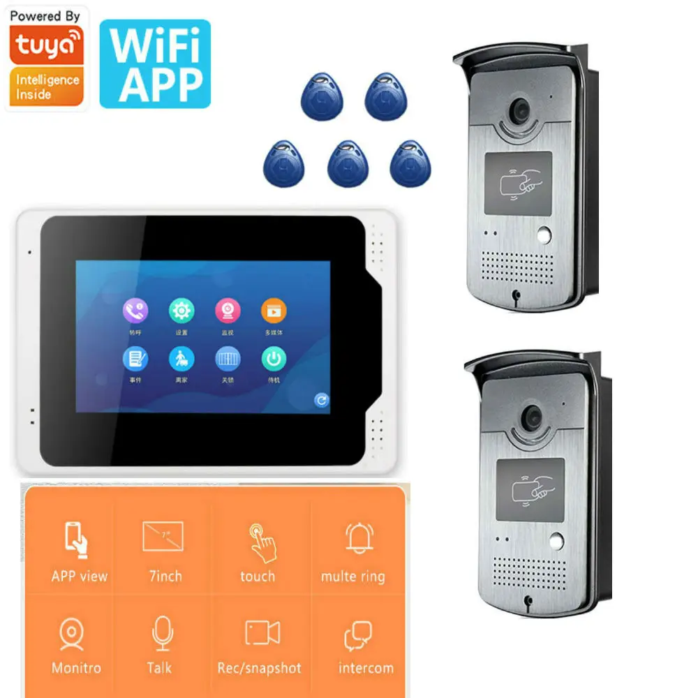 

Tuya 2~1 camera 7 inch Wired Wifi Video Door Phone Doorbell Intercom Entry System with HD 1080P Wired RIFD Camera Night Vision