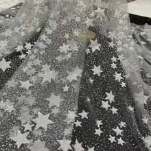 D544 серебряная звезда 5 ярдов печать приклеенная блестящая пудра Тюлевая сетчатая кружевная ткань для распиловки свадебного платья/случаев
