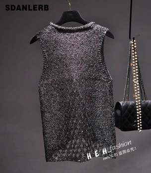 

HPersonality Bingbing Glitter Sequined Cut Out Vest Sleeveless Shirt Top Camisole Tanks Tank Top Woman Top Top Mujer