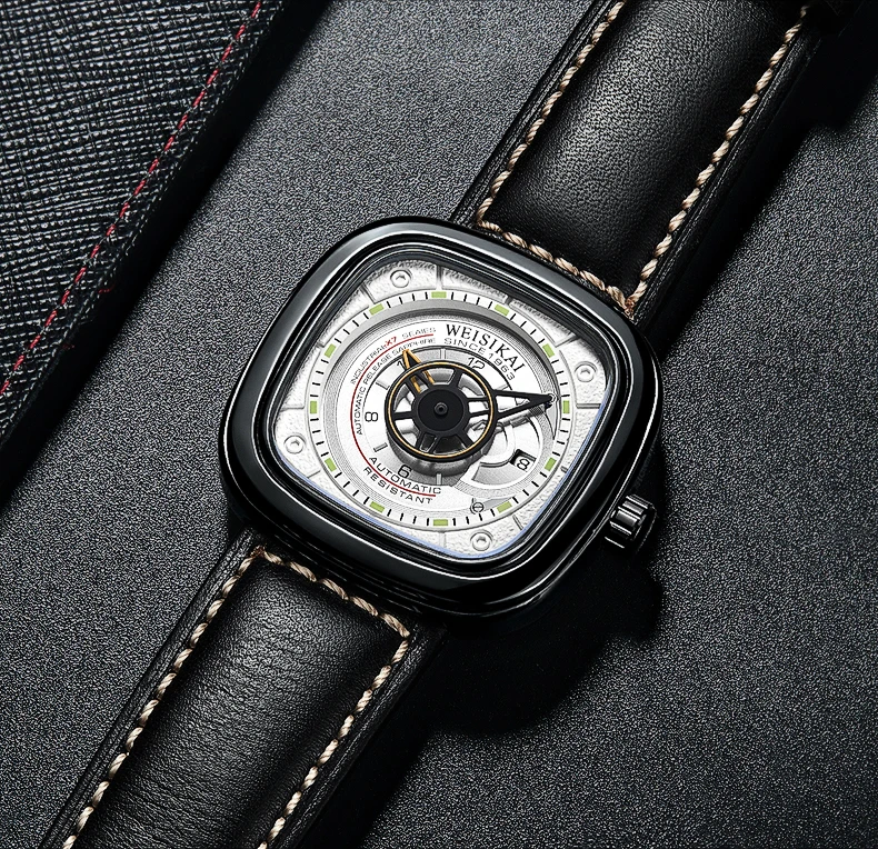 WEISIKAI Automatic Mechanical Watch for Men Calendar Luminous Square Creative Waterproof Male Leather Wristwatch Sport Clock 601