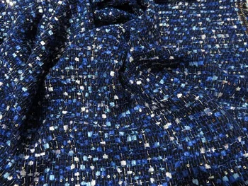 

free ship polyester tweed fabric diamond blue weaved with sequins 59" wide