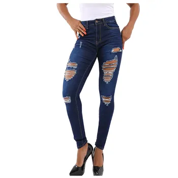 

Chic fashion ladies high waist stretch hole straight leg denim pants ladies temperament casual jeans hot solid color