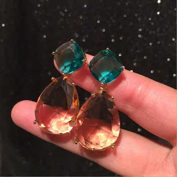 

Translucent colored gem women yellow-green color matching luxury earrings geometric long pendant ear accessories
