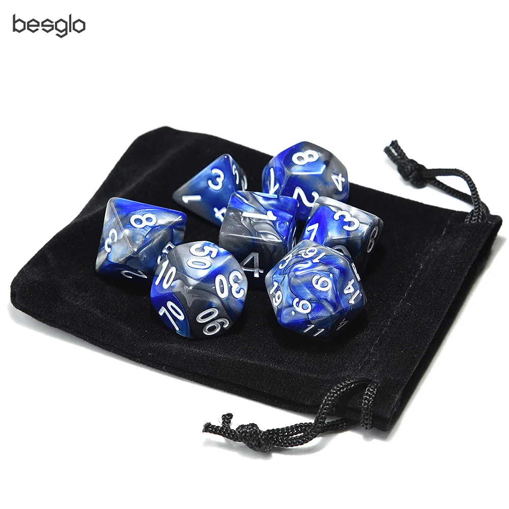 Mixed Color Dice Set for RPG Games with Black Velvet Pouch D4 D6 D8 D10 D% D12 D20