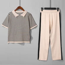 HLBCBG Women Knitted Tracksuits 2 Pieces Sets Spring Summer Short Sleeve Women T Shirt + High Waist Capris Pencil Pants Suits