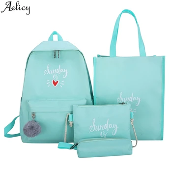 

Aelicy Women's Student Nylon Fur Ball School Backpack 4PC Set Women Comfortable Love Print Fur Ball Decorative Backpack