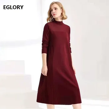 

2019 Autumn Casual Knitted Dress Women Stand Neck Long Sleeve Mid-Calf Length Wine Red Green Black Long Sweater Dress Female
