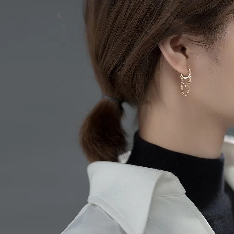 Real 925 Sterling Silver Double Layer Tassel Hoop Earrings For Women INS Popular Cold Style Women Fashion Jewelry Flyleaf New - Image 3