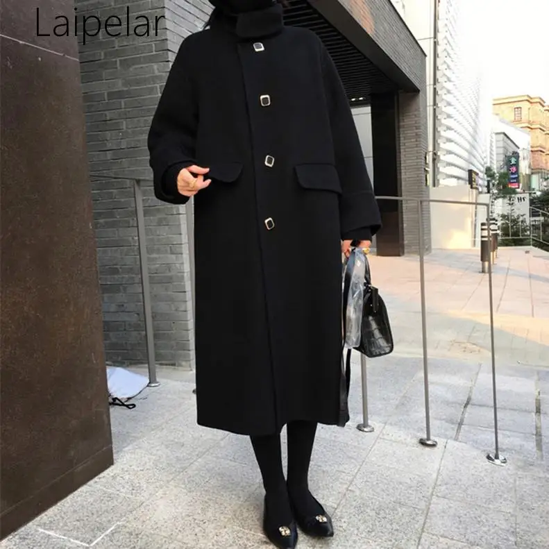 

Black Woolen Coat Female 2019 Autumn Winter New Korean Version Of The Thickened Long Section Over The Knee Was Thin Woolen Coat