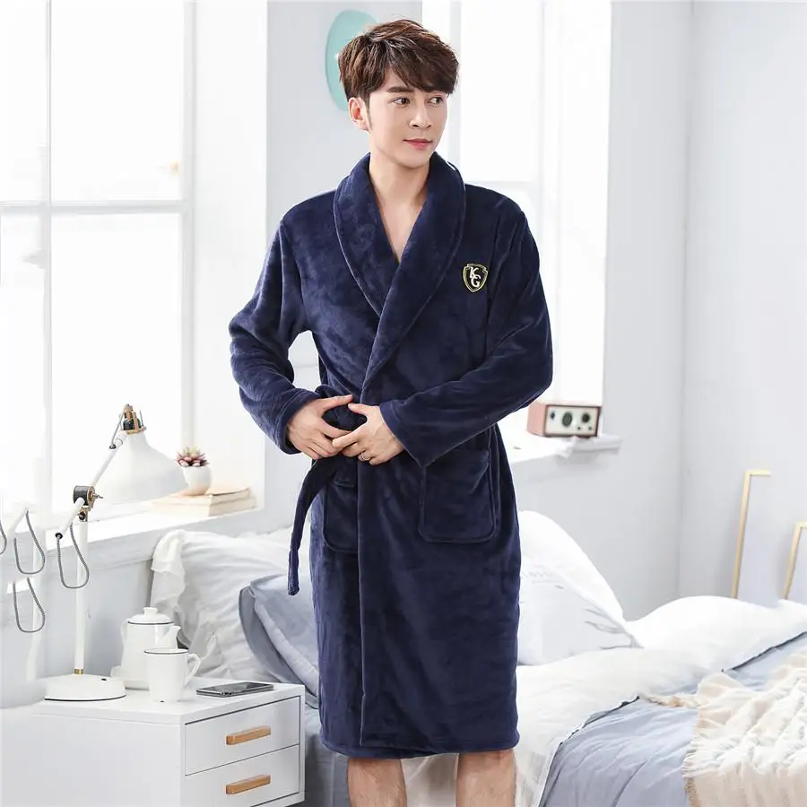 Мужской серый зимний теплый Халат банный халат с v-образным вырезом неглиже с длинным рукавом домашний халат Одноцветный пижамный комплект для сна - Цвет: Navy Blue 1