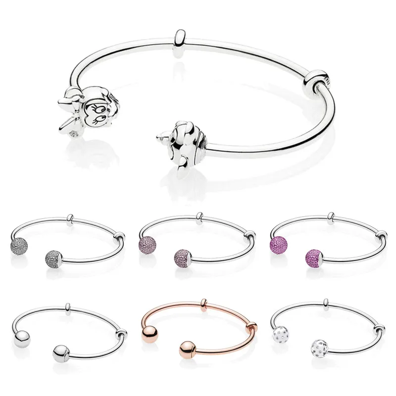 

925 Sterling Silver Original Moments Open Pandora Bangle With Mickey and Minnie Pave Caps for Women DIY Bead Charms Jewelry Gift