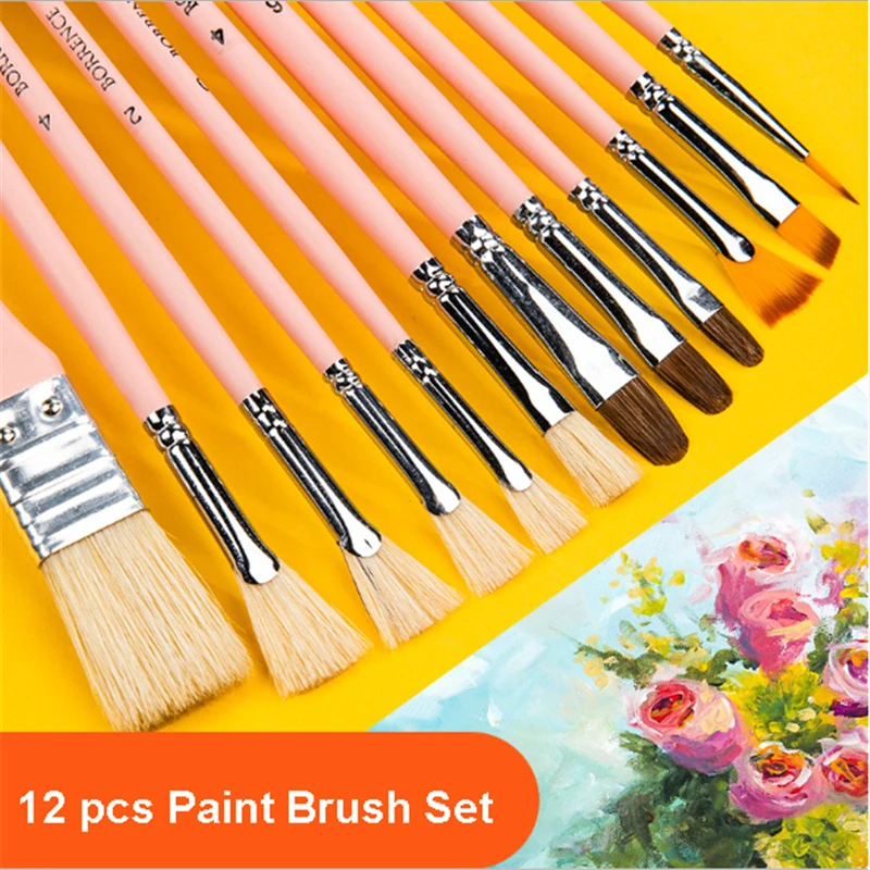 12 pcs Paint Brush Fan Hook line Bristle Weasel Nylon Brushes for Gouache Watercolor Oil Acrylic Painting Drawing Art Tool