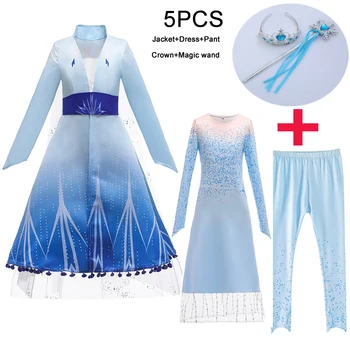 

2020 New 5PC Snow Queen Elsa 2 Dress Kids Dresses For Girls Costume Children Clothing Birthday Party Princess Dresses 3-12 Years