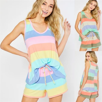 

2020 Summer Cozy Clothes Two Piece Set Tracksuit Women Lounge Wear Casual Striped Top Vest and Shorts Suit Outfits Matching Sets