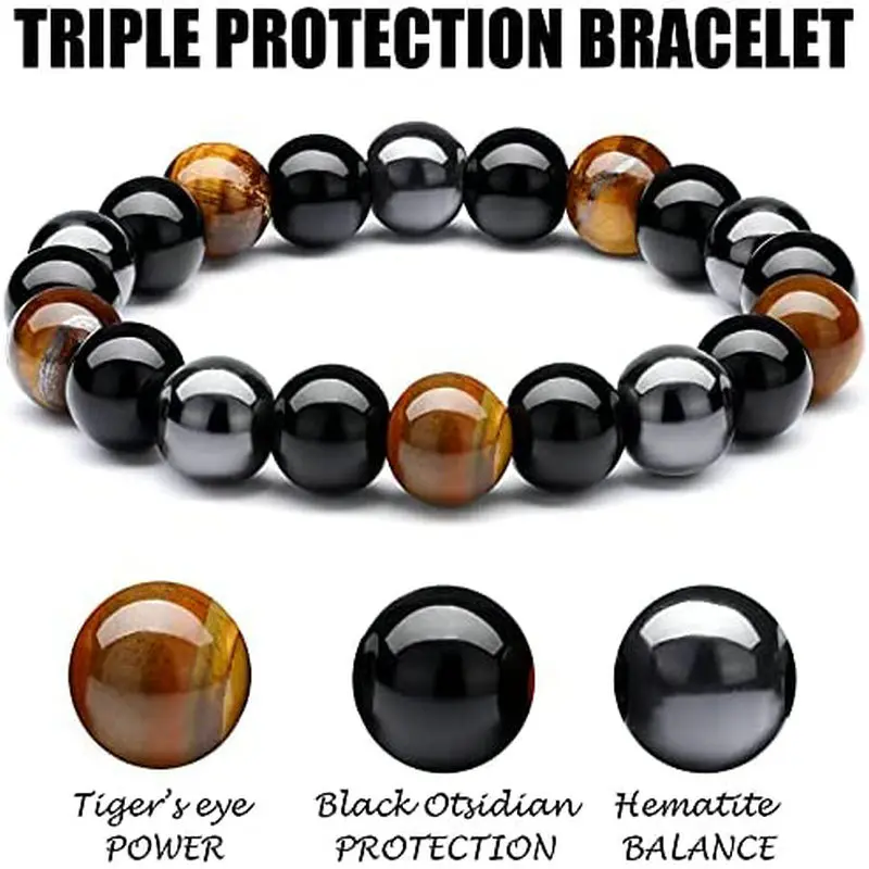 Men Women Bracelet Triple Protection Bracelet Obsidian Hematite Tiger Eye Beads Bracelet Men Jewelry Bring Luck and Prosperity
