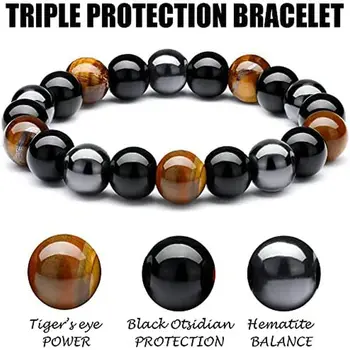 Triple Protection Bracelet For Men Women Bring Luck and Prosperity Hematite Black Obsidian Tiger Eye Stone Bracelets Men Jewelry
